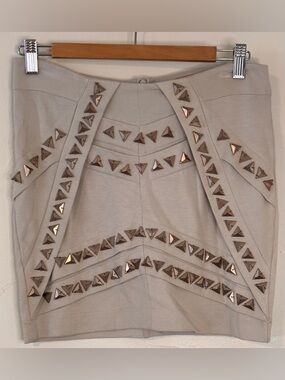 Wish Australia Women’s Small Embellished Cream Mini Skirt Silver Pyramid Studs